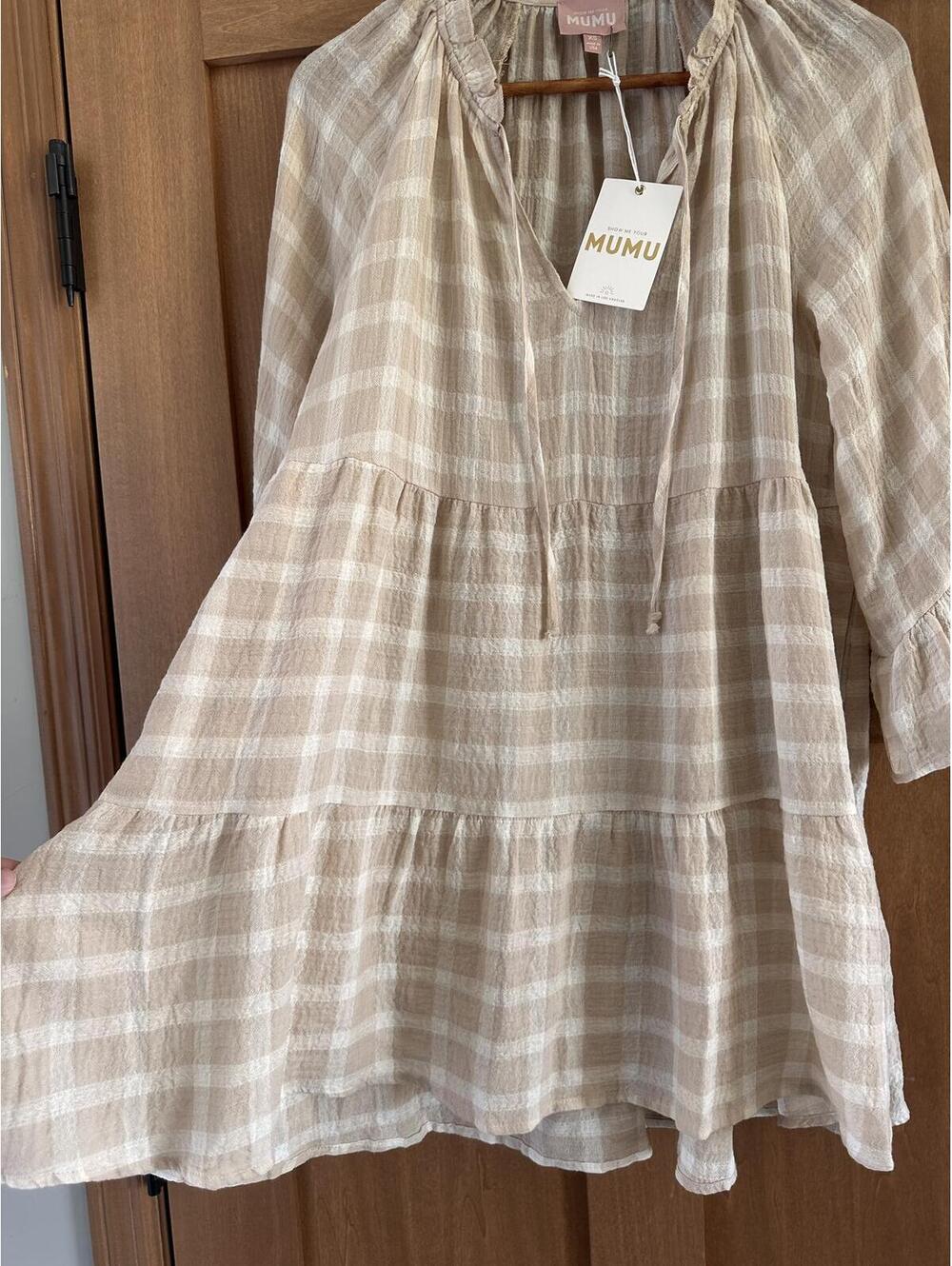 NWT Show Me Your MuMu Viola Plaid Bell Sleeve Mini Dress Beige/ Cream Women’s XS - Picture 4 of 15
